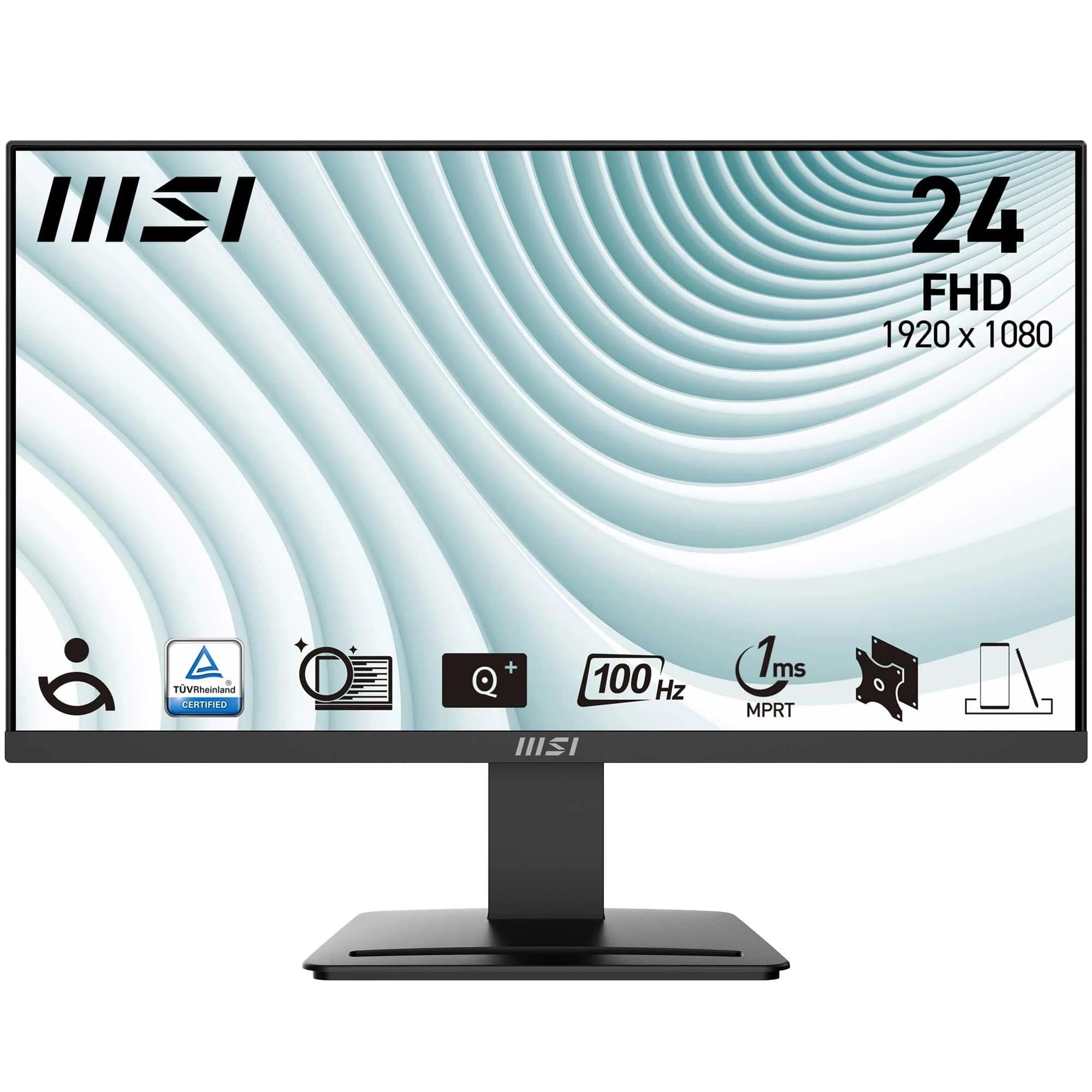 MSI PRO MP2412 23.8 Inch Monitor, Full HD (1920 x 1080), 100Hz, VA, 4ms, FreeSync, HDMI, VGA, Anti-Glare, Anti-Flicker, Less Blue light, TÜV Certified, VESA, Kensington, Black