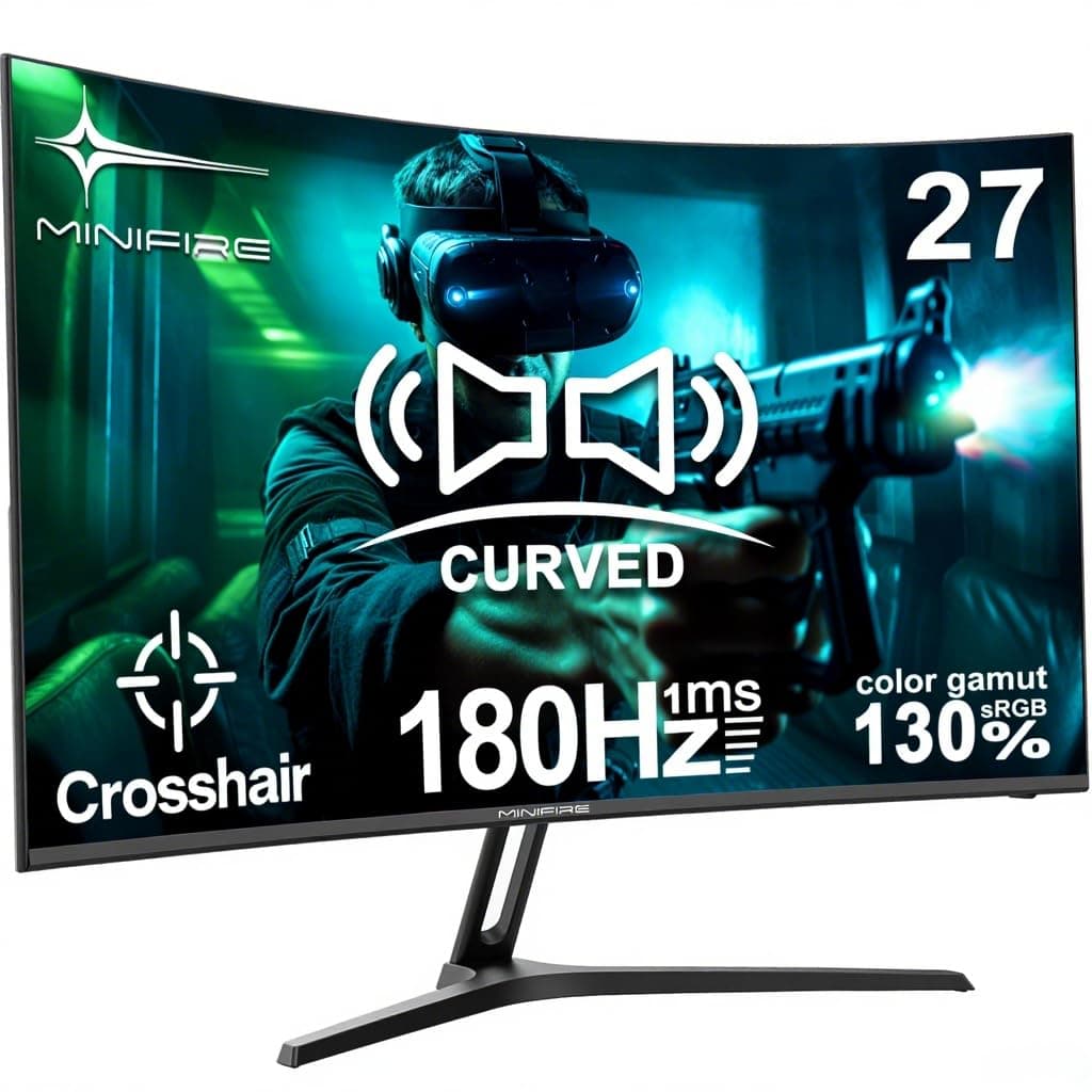Minifire 27 Inch Gaming Monitor, 180Hz, Curved Gaming Monitor, Built in Speaker, Crosshair, 1Ms, sRGB130%, FHD 1080P Computer Screen, VESA Compatible, Eye Care Adaptive Sync HDMI&DP Prots (MFG27C1 )