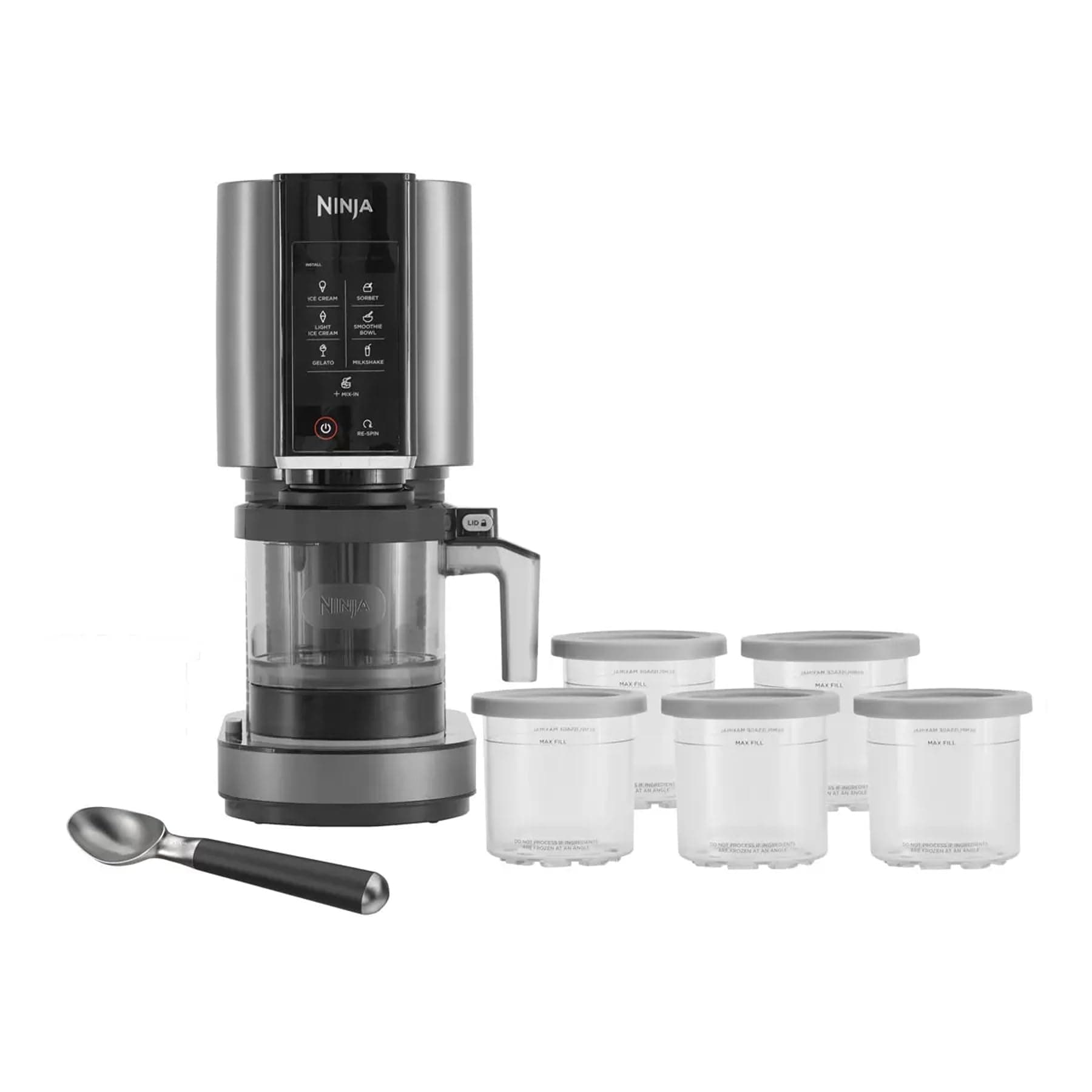 Ninja CREAMi 7 Pre-Set Programme Ice Cream & Frozen Dessert Maker With 5 Additional Dessert Tubs With Lids And Ice Cream Scoop (NC300UKCO) - Black & Silver