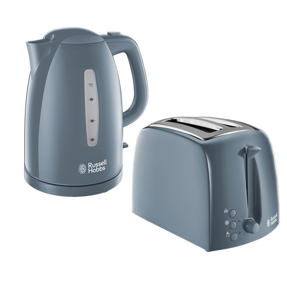 Russell Hobbs 21274 Textures Kettle, Plastic, 3000 W, 1.7 Litres, Grey with Hobbs 21644 Textures Toaster, Plastic, 850 W, Grey